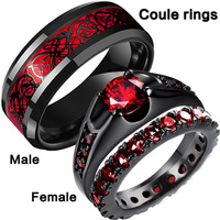 Charm Couple Rings For Men Stainless Steel Celtic Dragon  Ring Heart Red Zircon Women Wedding Rings Set Valentine's Day Jewelry