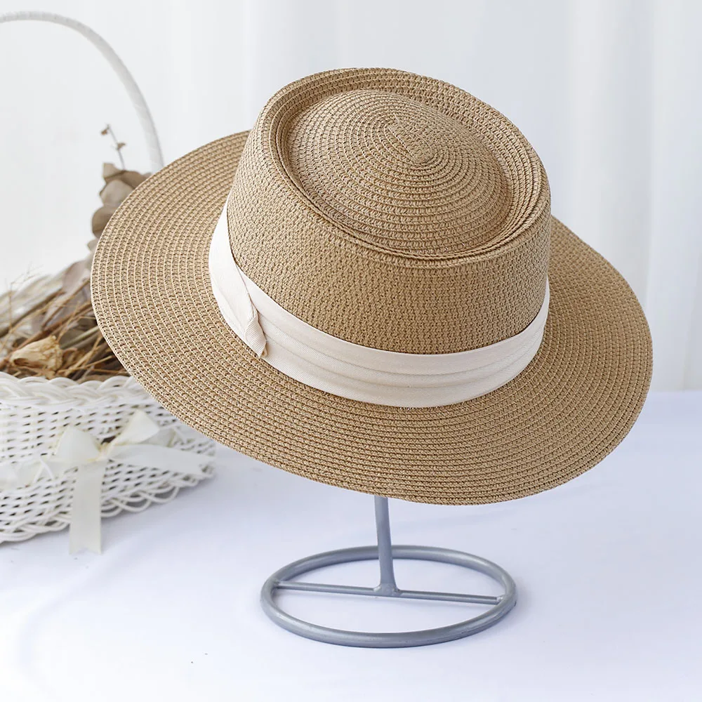 

Versatile Retro Hat Panama flat brimmed sun hat bucket hat UV Protection sun hat For Beach Mini Bow Vacation handmade straw hat