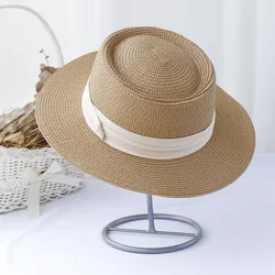 Versatile Retro Hat Panama flat brimmed sun hat bucket hat UV Protection sun hat For Beach Mini Bow Vacation handmade straw hat