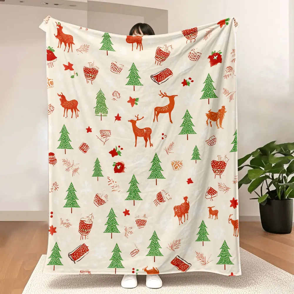 Christmas Blanket - Whimsical festive pattern with red/green Christmas trees, reindeer, gift boxes, holly, perfect for holiday d
