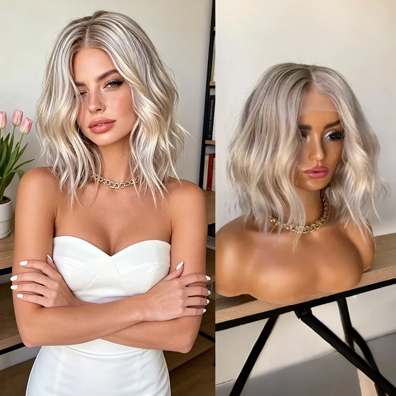 Platinum Icy Blonde Ombre Wig Ash Roots Short Wave Synthetic Lace Front Wig 12 Inch Silver Bob Realistic Look Wig for Girls Gift