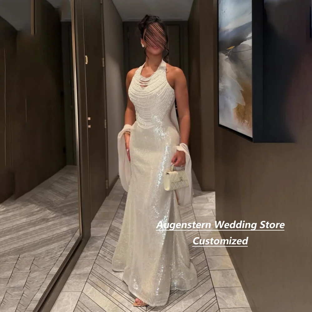 Customized Ivory Halter Neck Pearl Beaded Sequin Mermaid Mother Of The Bride Gown Chiffon Cape Backless Formal Bridal Gown