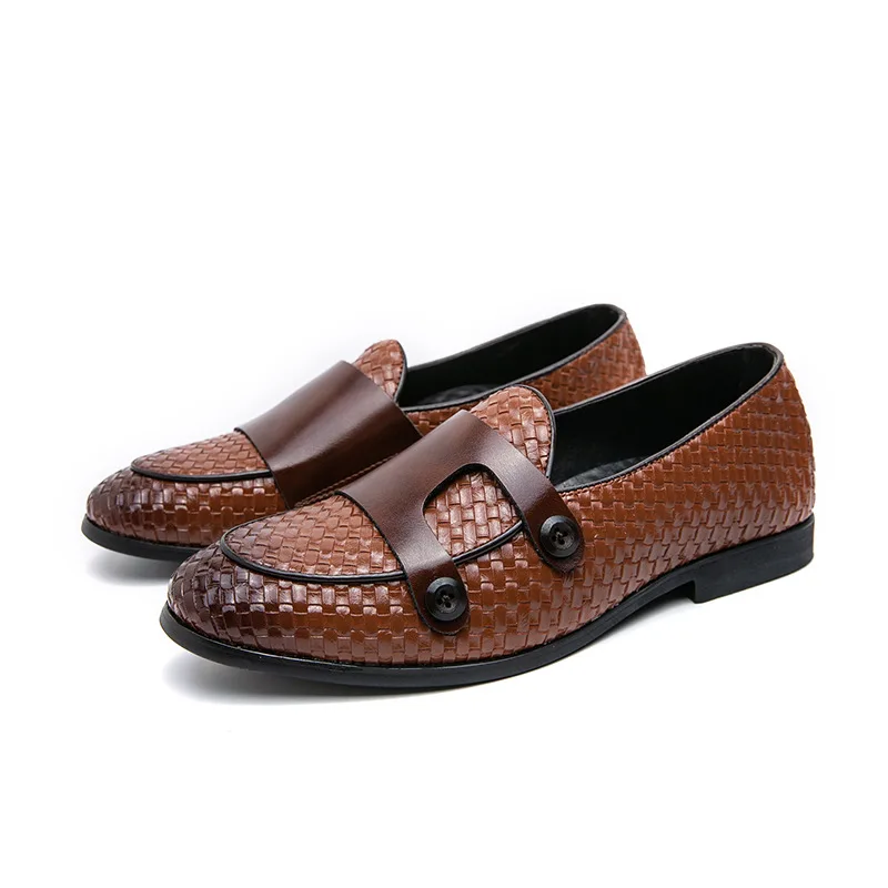 British Style Weave Pattern Microfiber Leather Monk Shoes Mens Buckle Party Wedding Loafers Moccasins Men Driving Flats