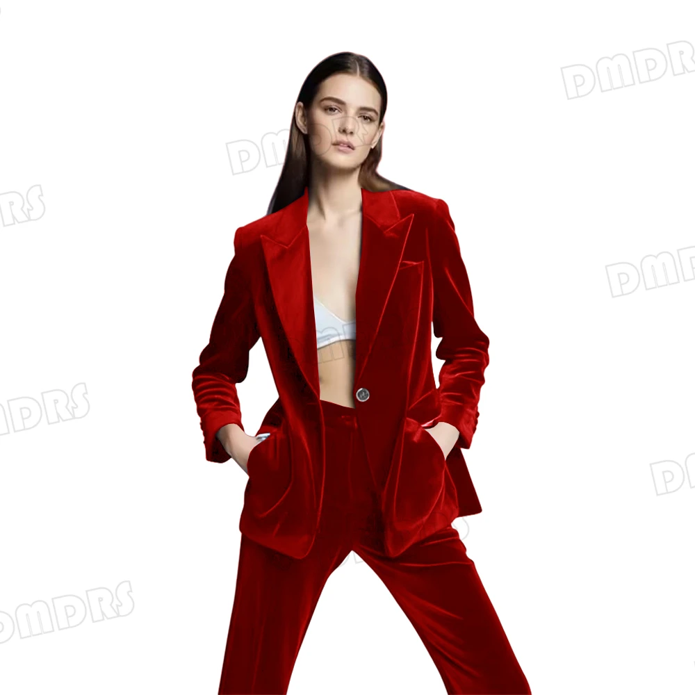 High Quality Velvet Suit Set for Women, Royal Blue Soft Single Button Blazer and Solid Straight Pants, Customized Formal Tuxedo