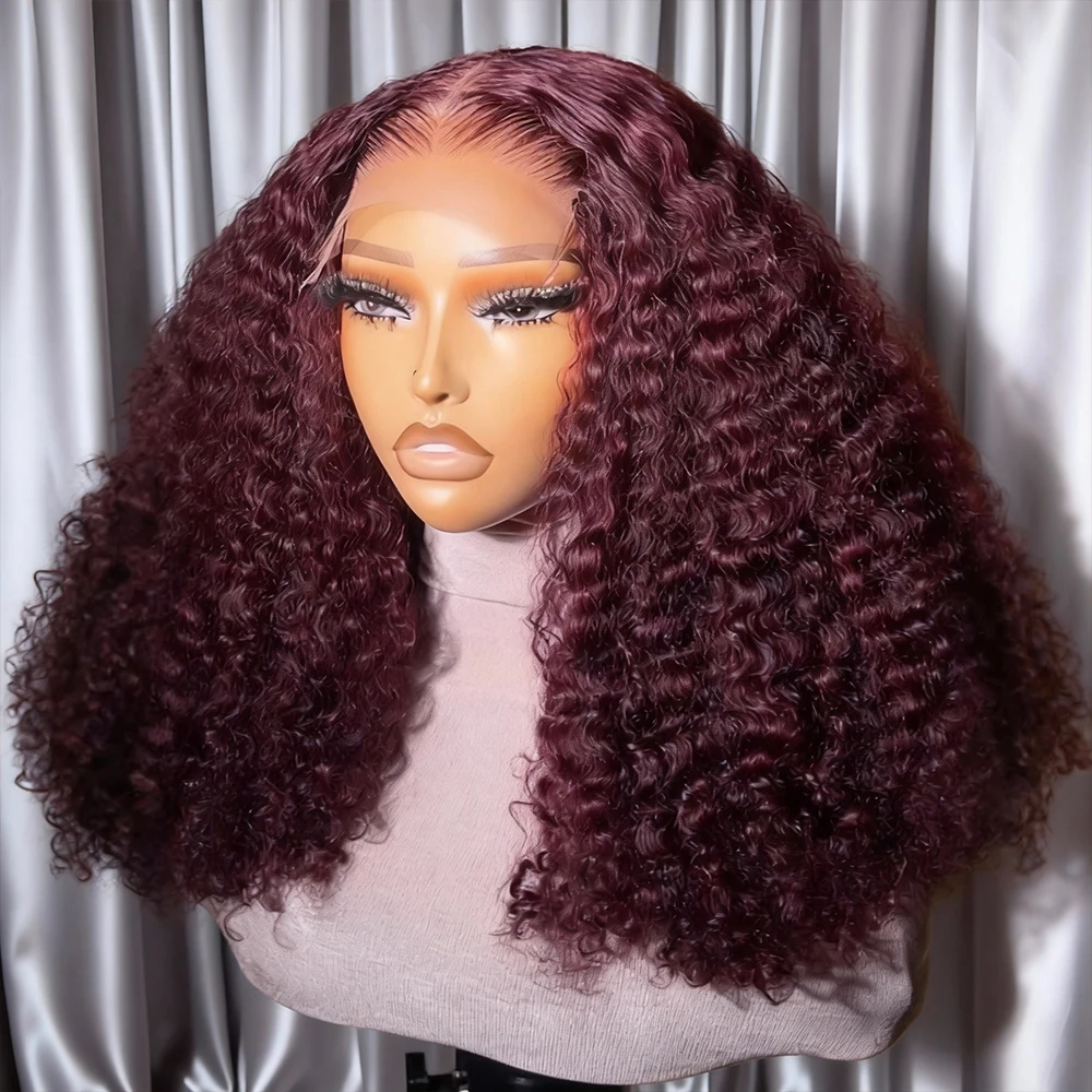 Perruque courte bouclée bordeaux 99J Deep Wave, perruque frontale HD 13x4, perruque sans colle 7x5 en cheveux humains bouclés effet mouillé 250% pour femmes, pré-épilée