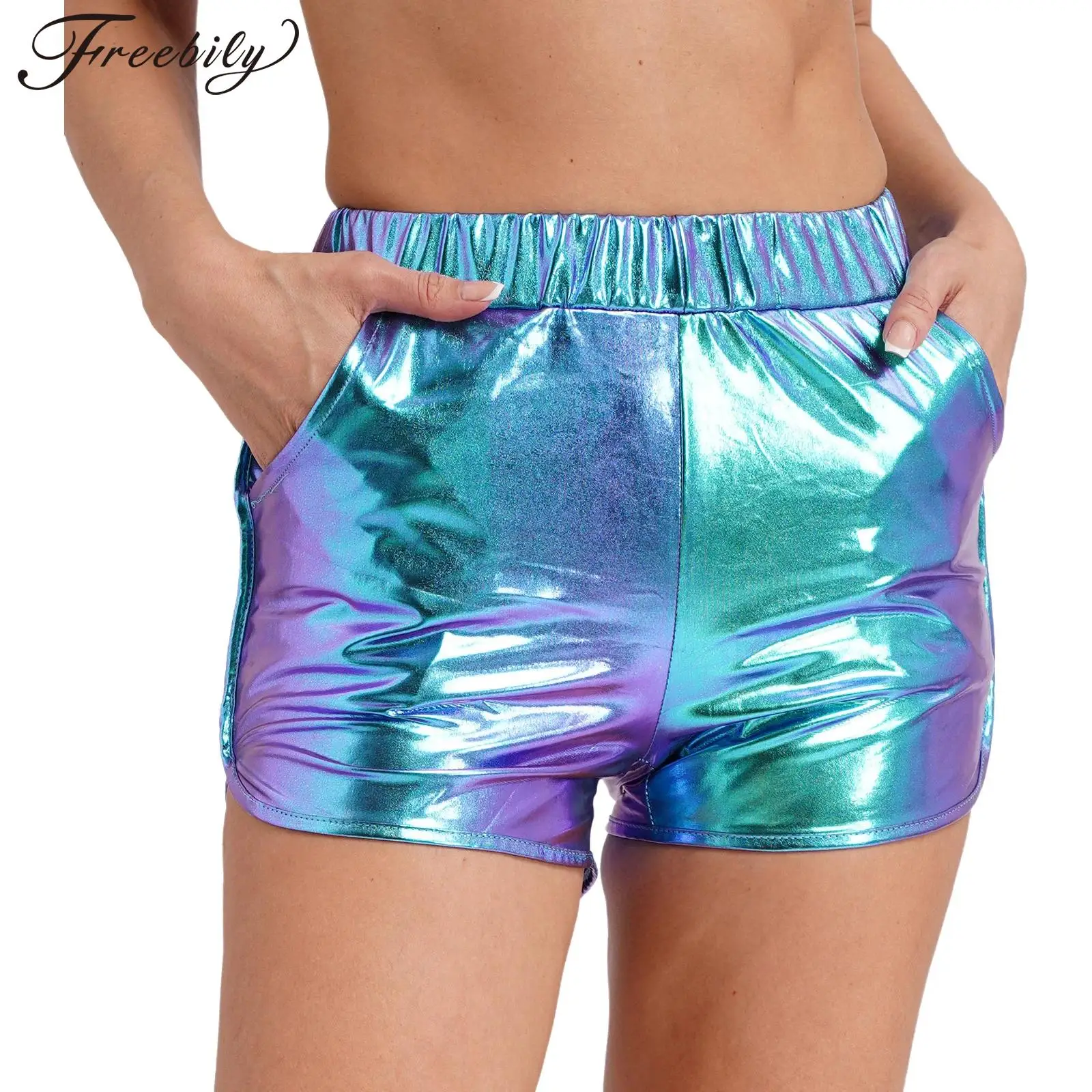 

Womens Metallic Shiny Booty Shorts Sparkly Raves Bottoms for Jazz Pole Dance Festival Costumes Sexy Party Club Hot Short Pants