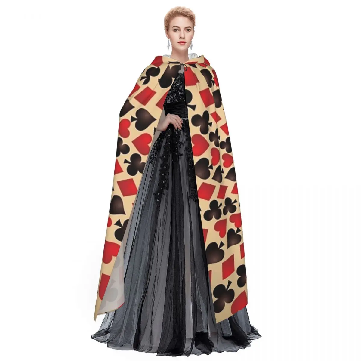 الآس من الماس أوراق اللعب قلوب البستوني طويل مقنعين عباءة الساحرة القرون الوسطى زي تأثيري كيب هالوين معطف الكبار للجنسين
