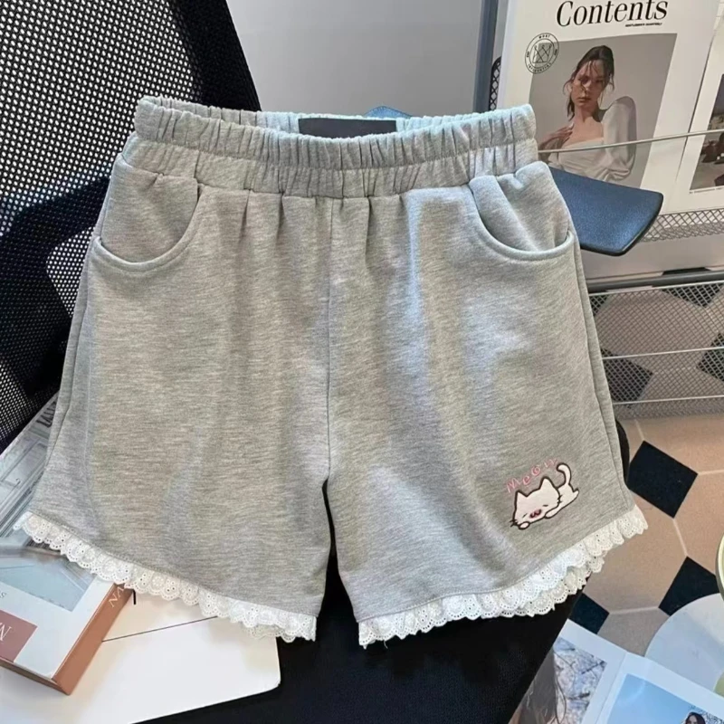 Korean Sweet Lace Splicing Wide Leg Shorts Women Kawaii Lolita Elastic Waist Casual Daily Fashion Short Pants