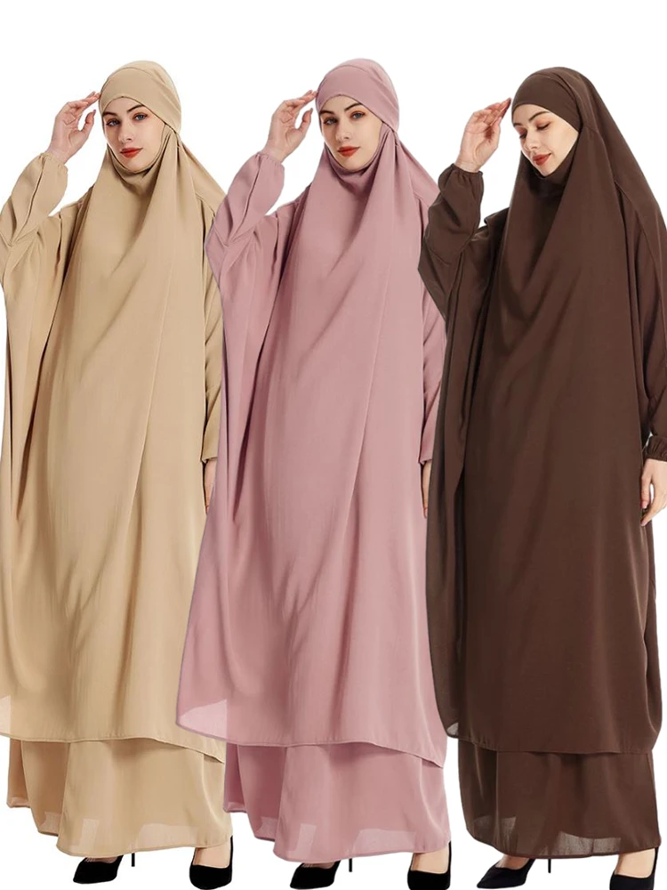 

2 Pcs Muslim Women Prayer Garmen Hooded Hijab Khimar Skirt Set Abaya Ankle Length Tube Skirts Sets Arab Lady Modest Pray Ramadan