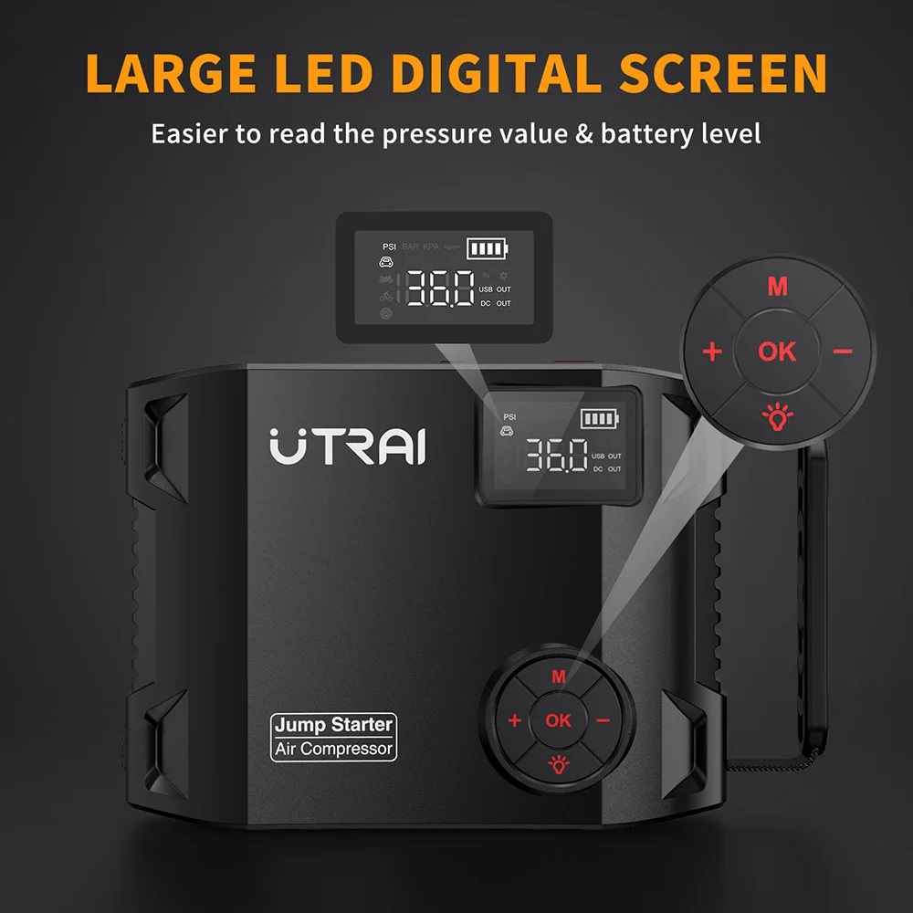 UTRAI – compresseur d\'air LED sans fil, 150psi, 2000a, pour vélo, voiture, batterie externe, gonfleur de pneus