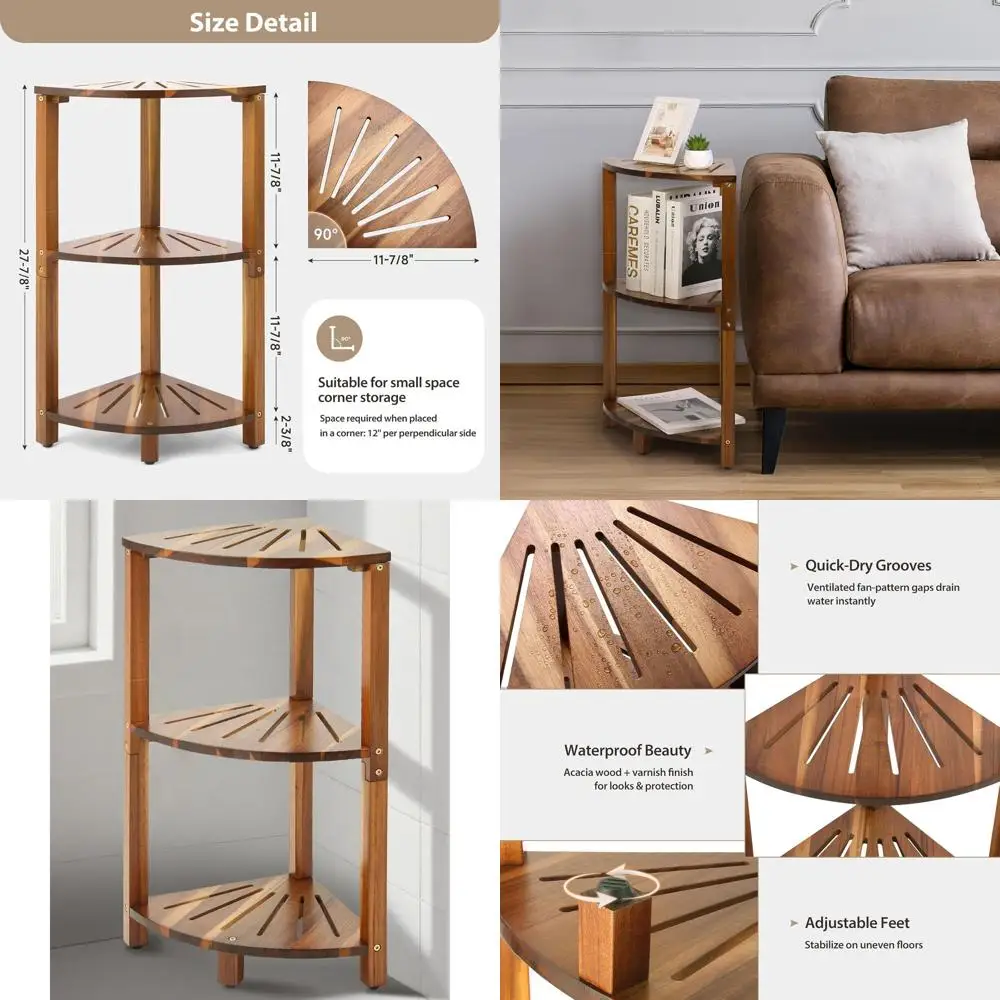

3-Tier Acacia Wood Shower Caddy - Standing Bathroom Shelf Organizer & Storage for Home