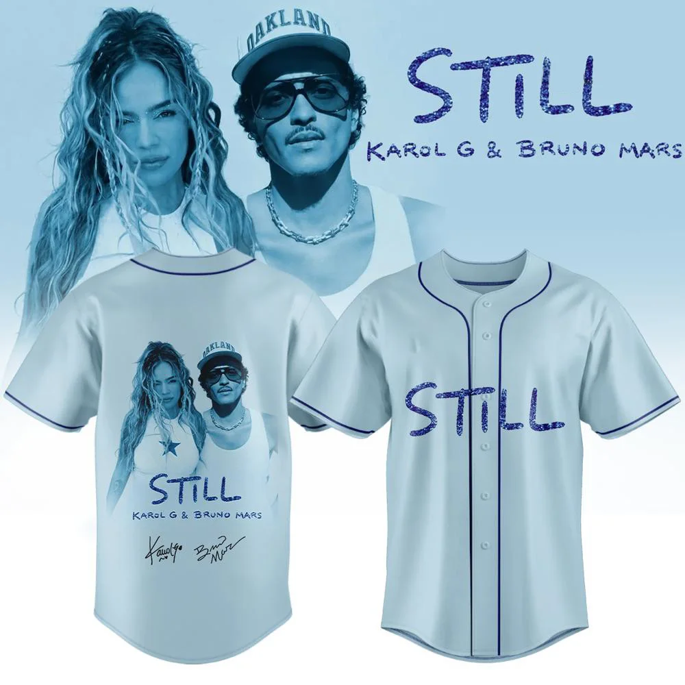Karol G & Bruno Mars X STILL 2026 Light Blue Baseball Jersey 3D Print Y2K Baseball Shirt Hip Hop Unisex Loose Casual Streetwear