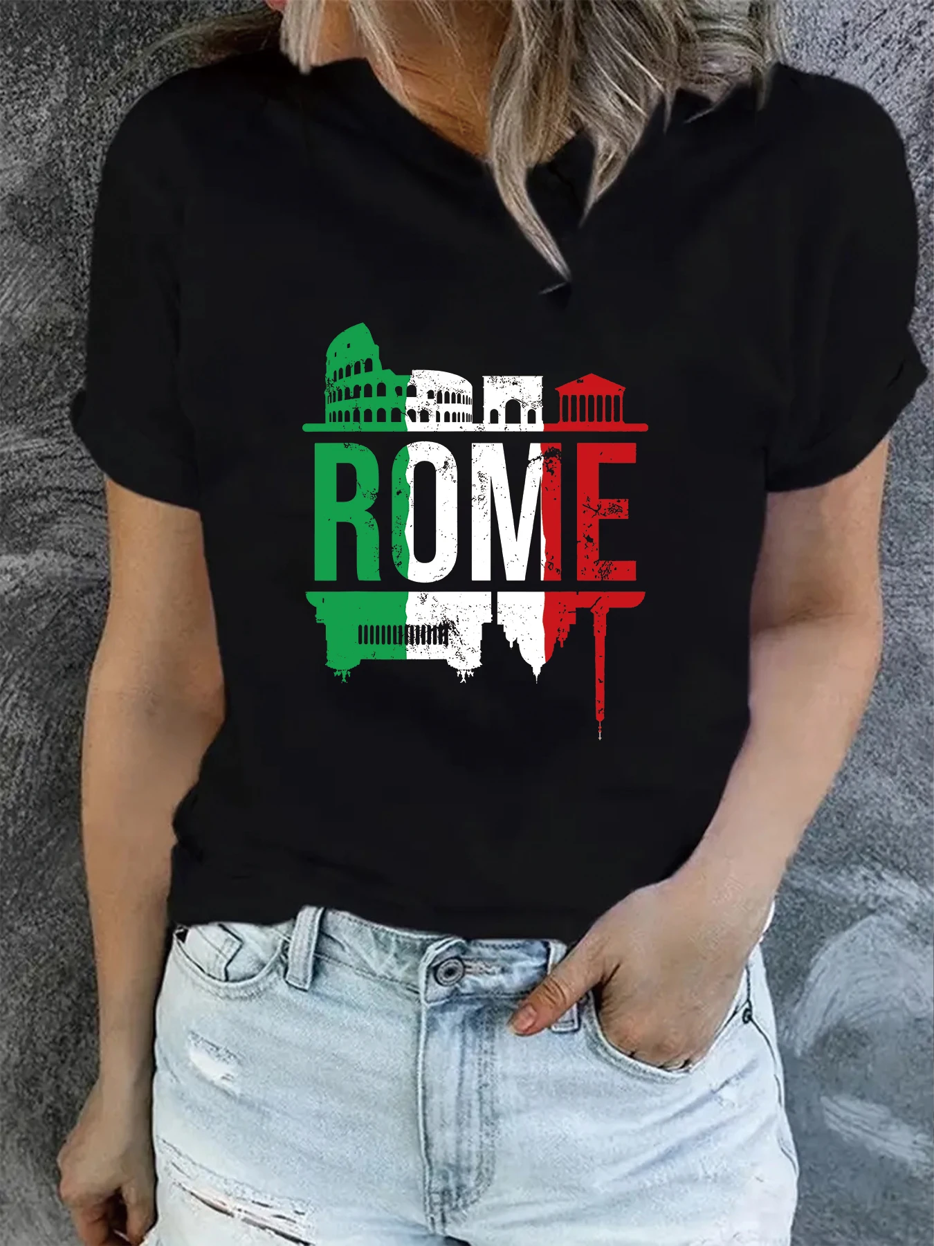 ROME Architectural Creative Design Women's T-shirt Top Summer Round Neck Short Sleeve Fashion Graphic T Shirt