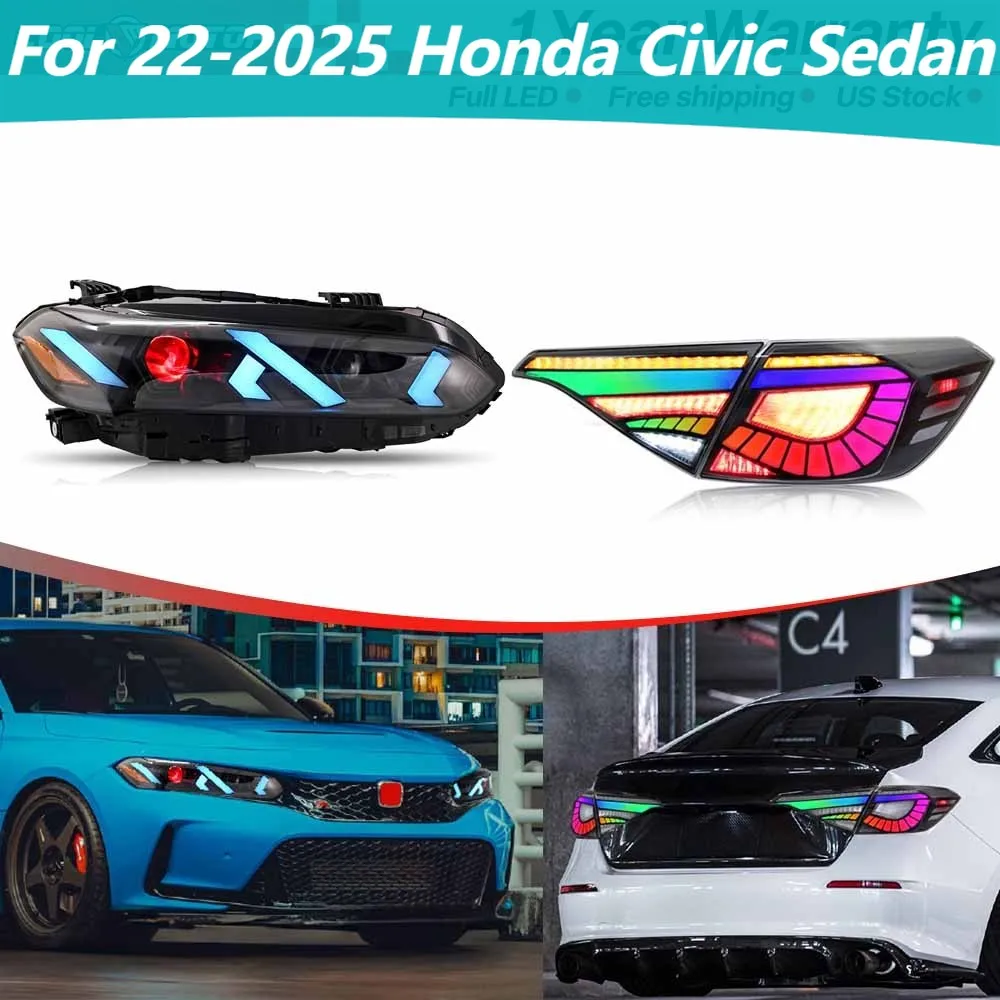 

2 Set For 22-2025 Honda Civic Sedan Front LED Headlights +Rear Smoked Tail Lamps