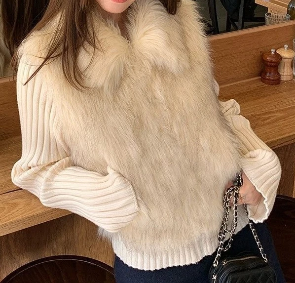 

2025 Loose Women's Collar Splicing Mao Knitted Thick Coat