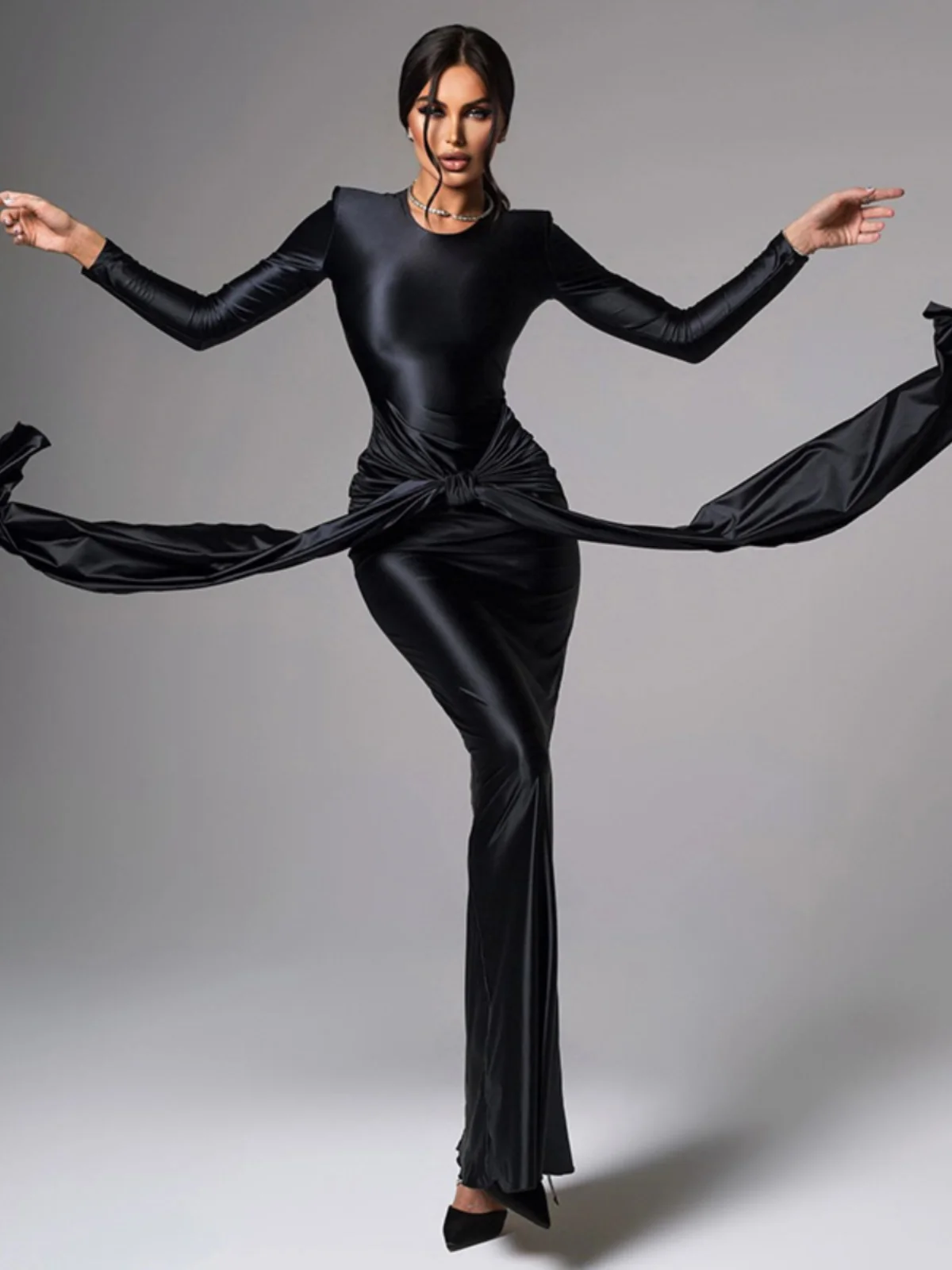 Ele Splice Long Sve Dr Faionable Tie Waist Slim Fit round Ne High Waist Polyester Fiber Medium Stretch Autumn W...