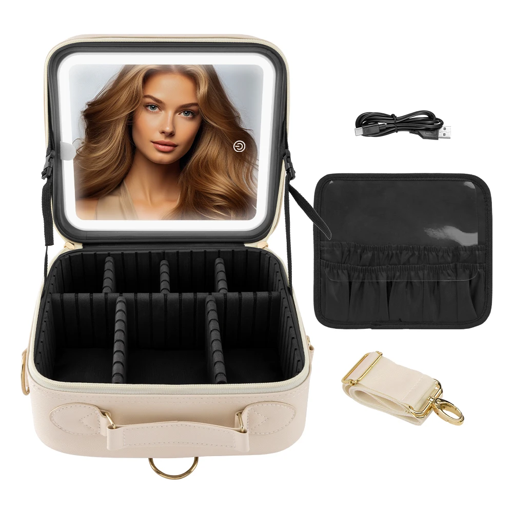 Missmeeca-Trousse de maquillage de voyage avec miroir lumineux LED, trousse de train cosmétique, organisateur cosmétique (blanc)