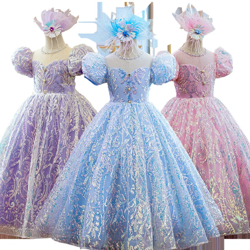 Elegant Children Birthday Party Dresses Sequined O-neck Puff Sleeve Flower Girls Dress 2024 Princess Ball Gown Long Vestidos