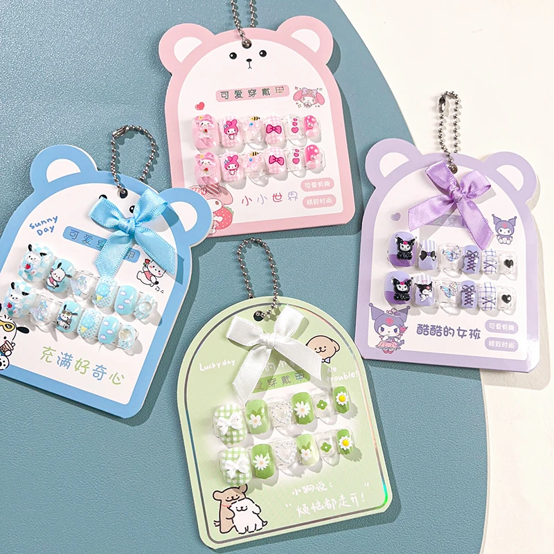 12pcs Lovely Cartoon Melody Kuromi Kids Press On Nails Kawaii Square Short False Nail For Girls Reusable Children's False Nails