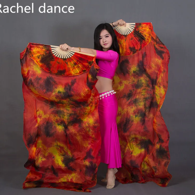 จีนจริง100% ผ้าไหมOrientalเต้นรำGradient FireพัดลมBelly Dancing Stage Performanceอสังหาริมทรัพย์พัดลมMulti-สี1คู่