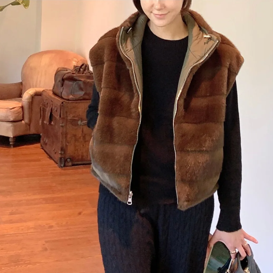 Frauen Chic Koreanische Sle Weste Jaet Doppelseitige Tragen Pelz Spleißen Svel Top Vielseitig Retro Design Herbst Winter