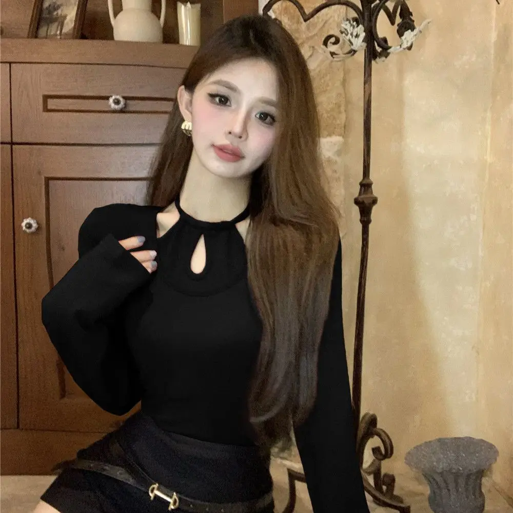 Hollow Out Design Fake Two Piece Neck Hanging Long Sleeved T-shirt for Women\'s New Style Temperament Sexy and Western-style Slim