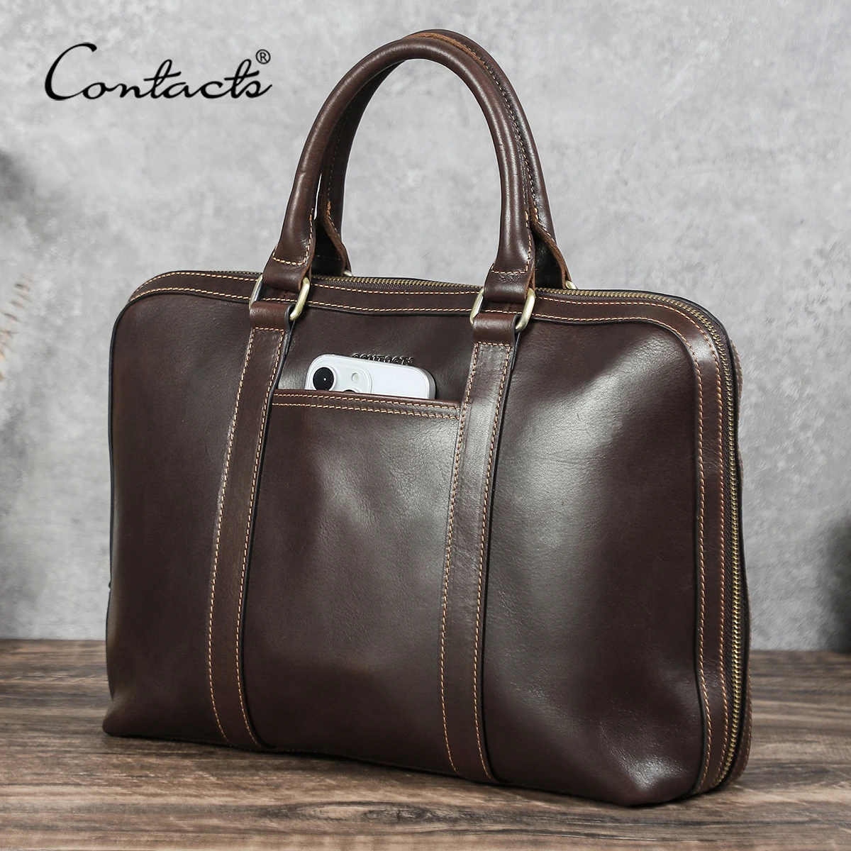 CONTACT'S Genuine Leather Business Bags for Men Small Briefcase Office Portfolio Document Tote Laptop Bags for 13