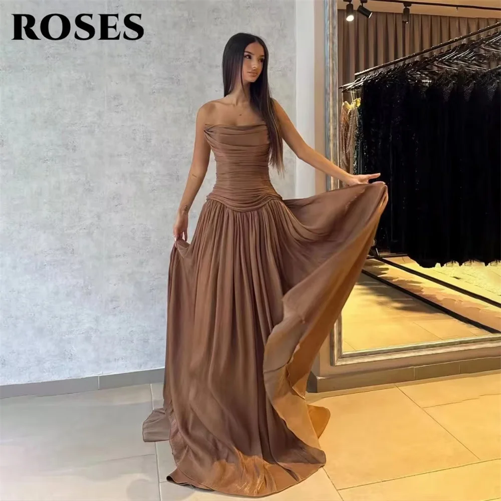

ROSES Brown Prom Dress Strapless Sleeveless Celebrity Dress A Line Satin Women's Evening Dresses Ruched Formal Gown Customized