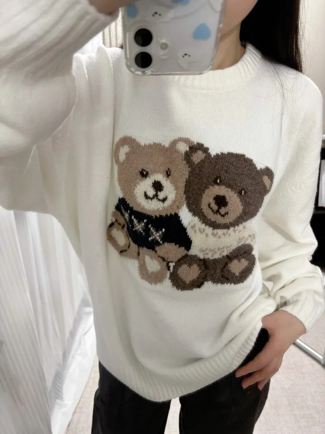 

Жаккардовый вязаный свитер с рисунком медведя, женский осенний Y2K с круглым вырезом, белый пуловер с длинными рукавами, топы в консервативном стиле, свободный милый джемпер, новый