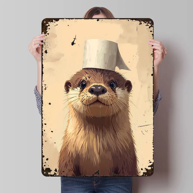 Otter With Toilet Paper Hat Printed Poster Customized Wall Art Retro Vintage Metal Tin Signs for Bathroom Decor Room House Home