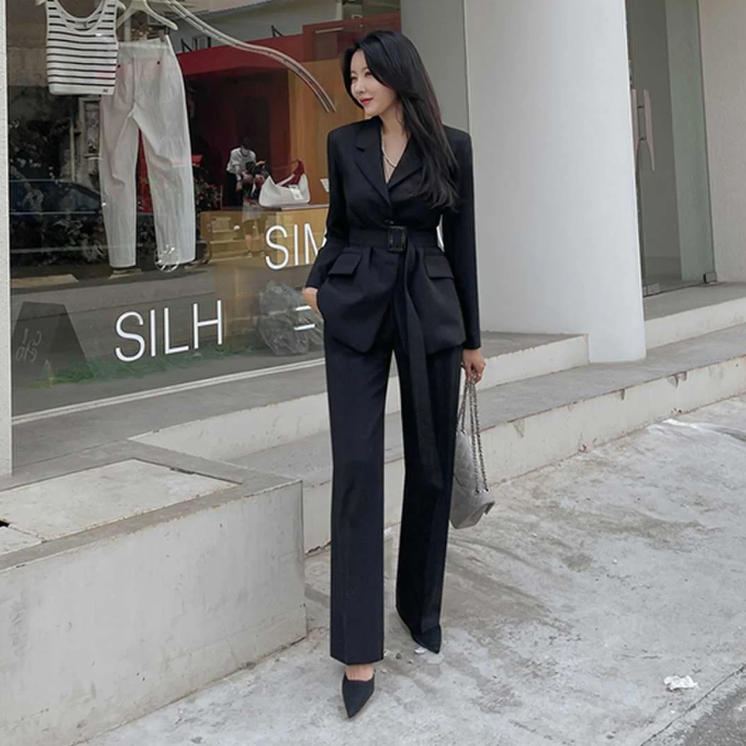 

Elegant Korean Style Women's Suit Set Slim Fit Long Sleeve Shirt And Pants Two Piece Professional Fashion Spring Outfit