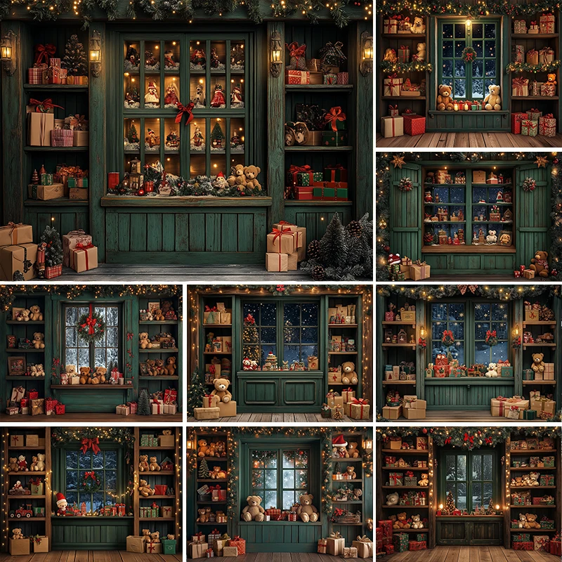 

LS Xmas Wrapping Room Backdrops Kids Family Photography Props Bookcase Cupboard Windows Christmas Trees Backgrounds