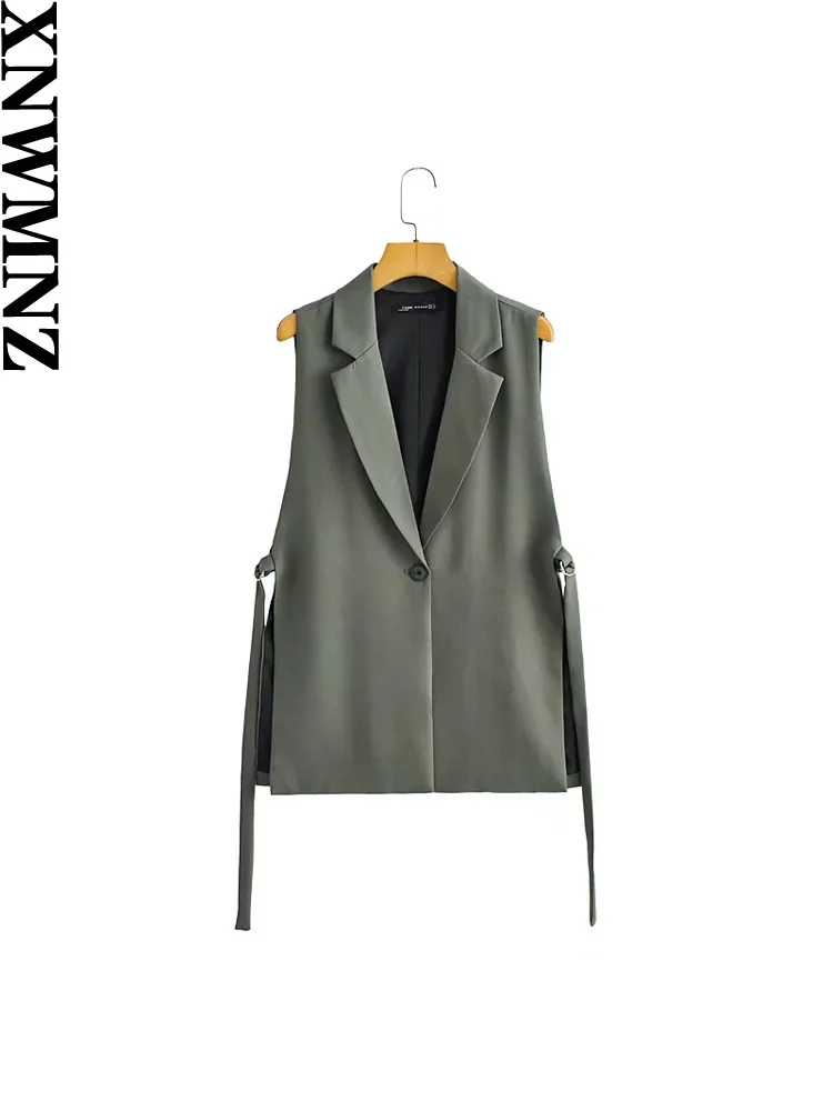 XNWMNZ 2024 Women Fashion With Taps Side Vents Waistcoat Vintage Sleeveless Front Button Outerwear Female Chic Vest Tops