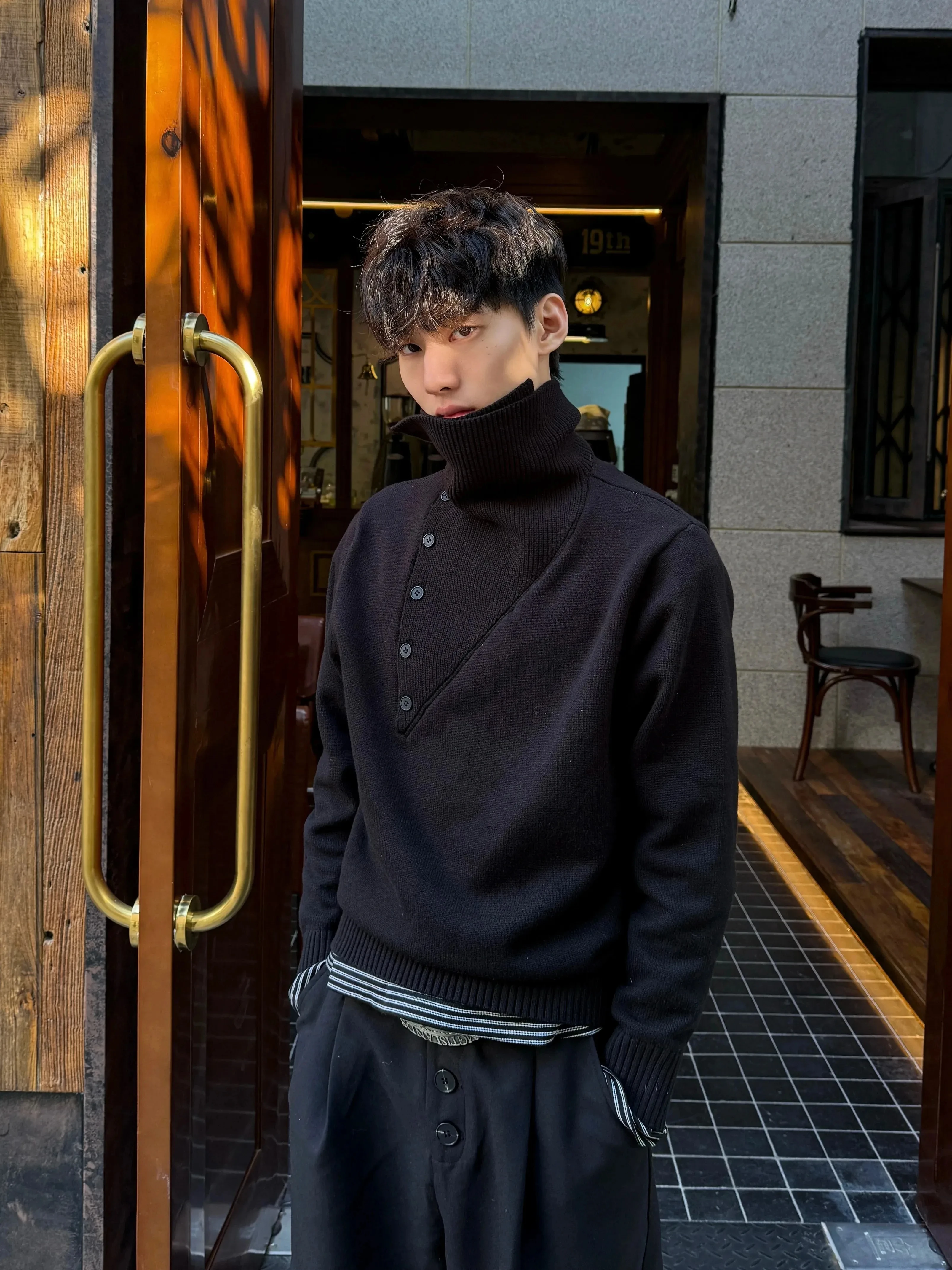 High Collar Double Layered Sleeve Long Knitted Sweater Unisex Autumn Winter  Warm Stand Collar Irregular Design