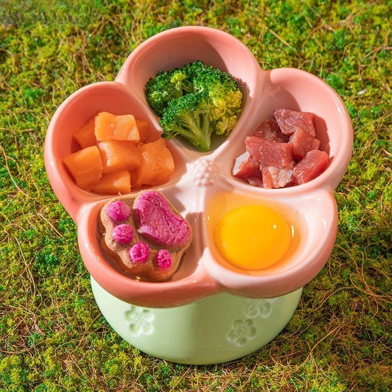Ceramic Cat Divided Bowl Flower Shape 5 Sections, 4 Inch Elevated Slow Feeder,Separates Dry Wet Food Treats, High-End Pet Dish