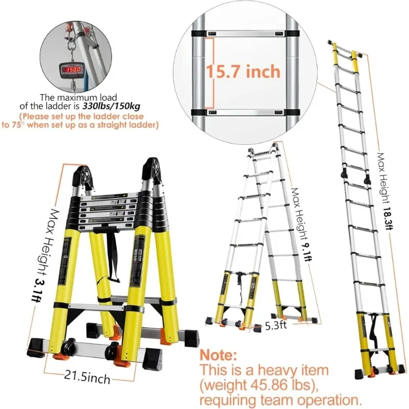 20FT A Frame Telescoping Ladder, Type-A Collapsible Extension Ladder with Double Balance Bar & Wheels, 330lbs Capacity, EN131 Ce