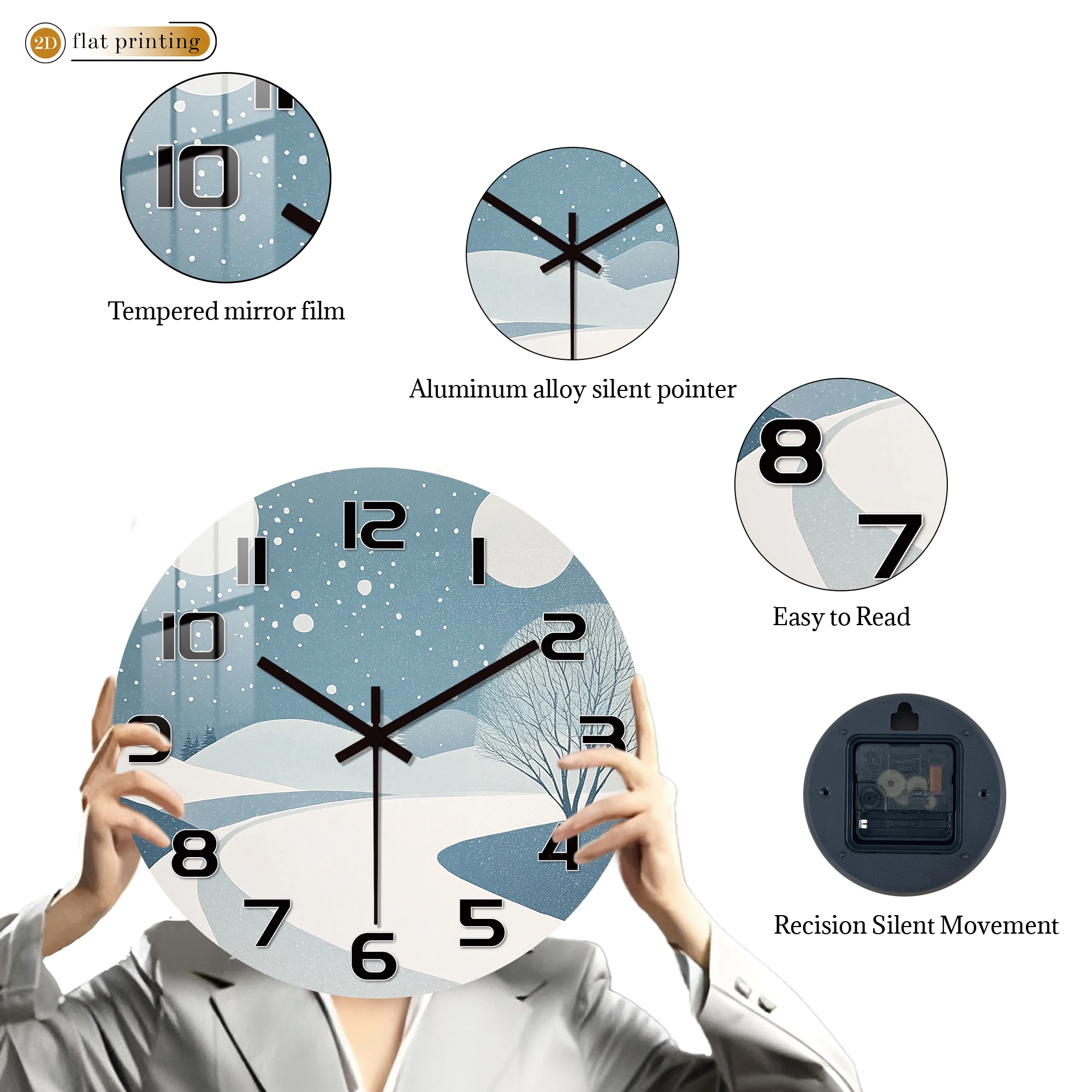 Winter Snowfall Landscape Wall Clock, Silent Quartz Movement, Serene Snowy Scene Decorative Clock with Clear Black Numbers