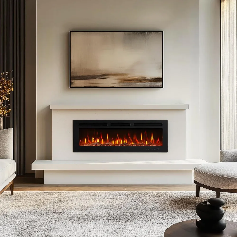 مدفأة كهربائية ذكية مثبتة على الحائط مقاس 50 بوصة من تشانينغ برو، 12 لونًا من اللهب والجمرة، 5 سطوع، سخان 1500 وات،