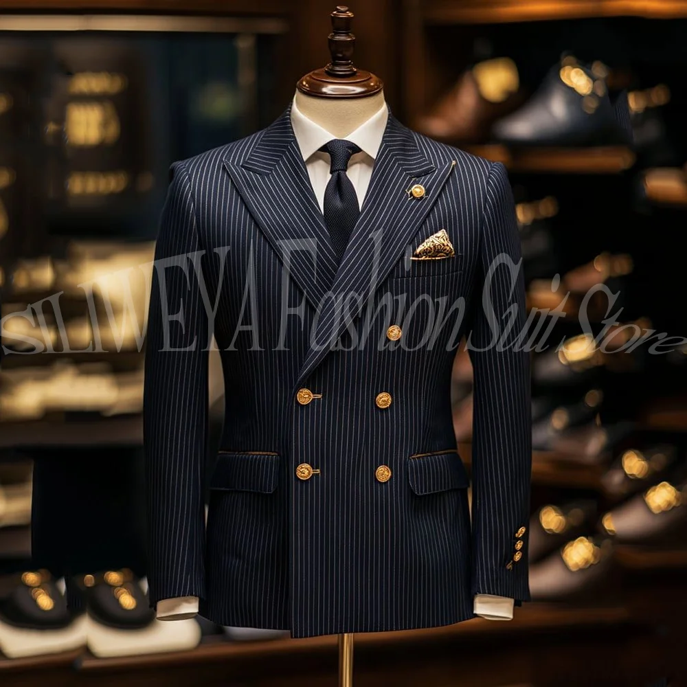 

Мужской премиальный двубортный пиджак в мелкую полоску темно-синего цвета, приталенный, для официальных мероприятий, бизнеса, свадьбы, офиса, костюм из 2 предметов: пиджак + брюки