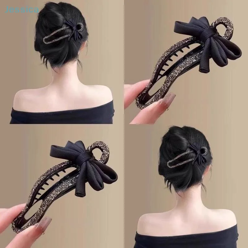 ♥ Strass-Haarspange, klassische Entenschnabel-Clip, schwarze Schleife, praktische Haarnadel für Mädchen, Haarnadel-Haarschmuck