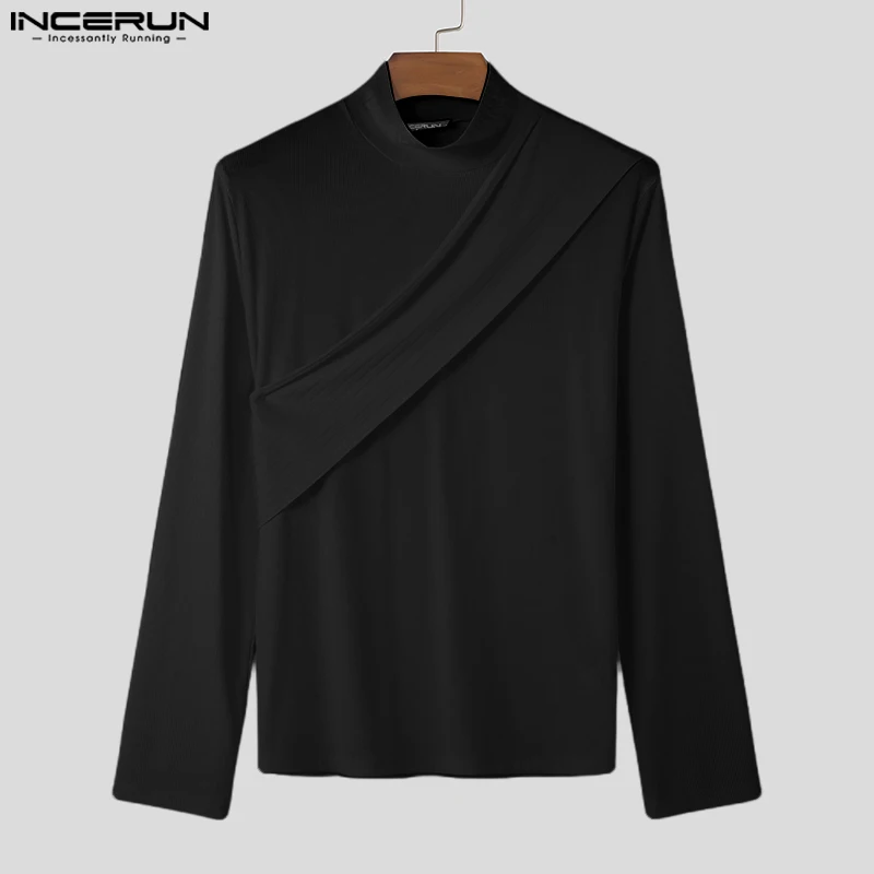 INCERUN New Men\'s Clothing Striped High Neck Slanted Shawl T-shirts Handsome Male Solid Comfortable Long Sleeved Camiseta 2024