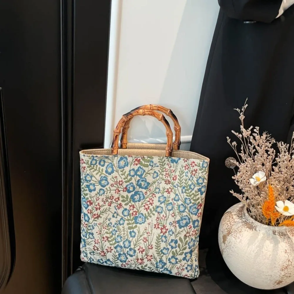Cloth Material Bamboo Knot Handbag Vintage Floral Flower Print Chinese Style Tote Artistic Large Capacity Jacquard Tote Bag