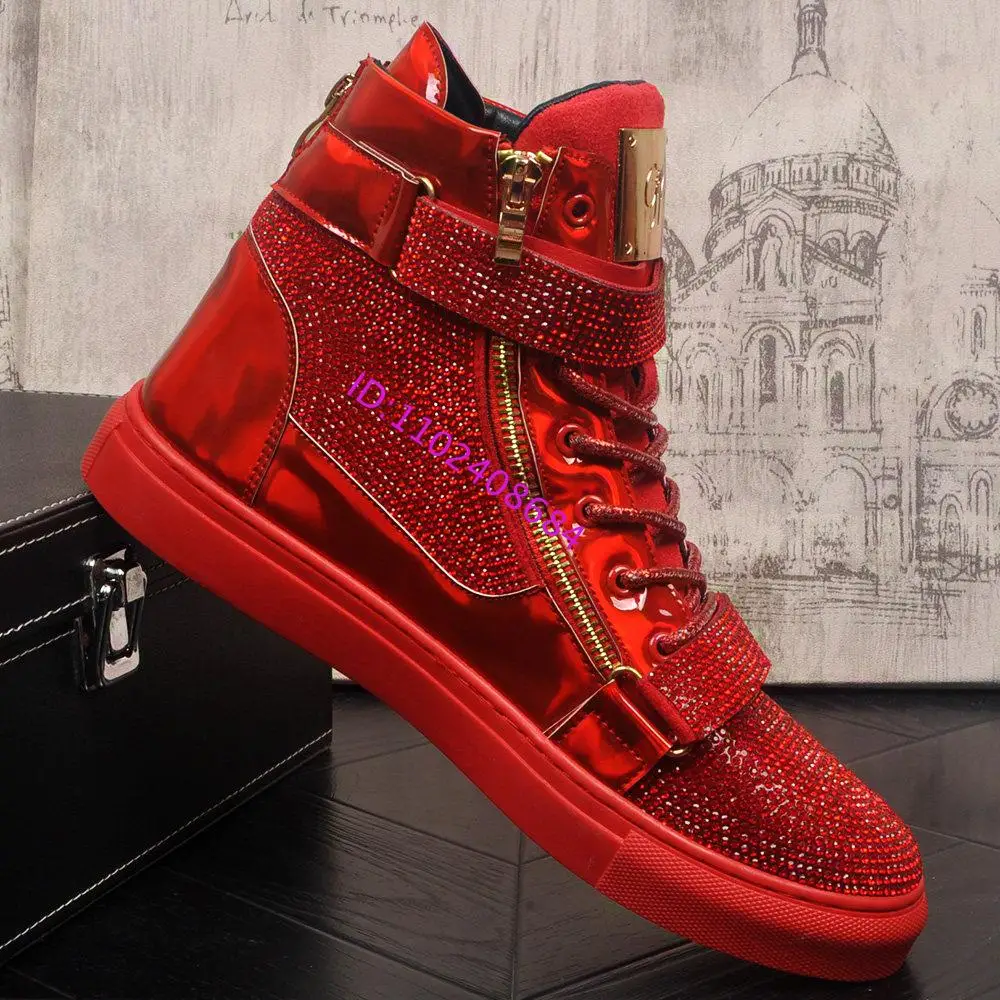 Design Men High Top Rhinestones Sneakers Cool Men Outdoor Lace Up Crystal High Top Sneakers