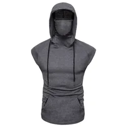 Mens Sleeveless Hooded Tank Tops Summer Gym Bodybuilding Fitness Sport Workout Singlet Solid Color Mask Sports Vest