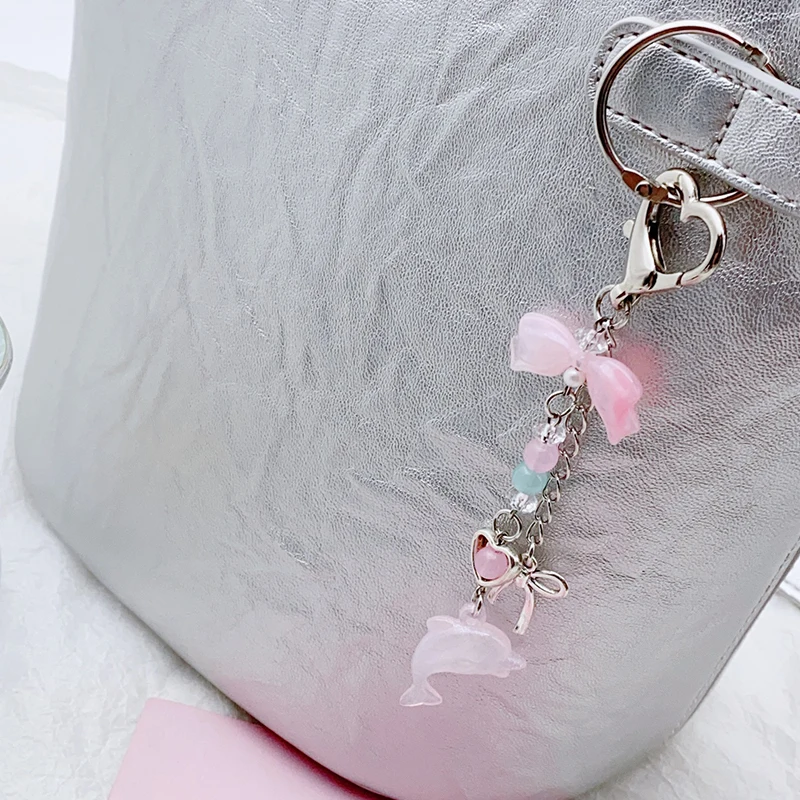 INS Small Fresh Pink Bow Love Dolphin Beaded Keychain Pendant Bag Pendant Tide