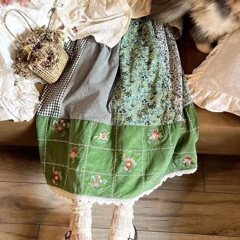 

Mori Girl Pastoral Style Vintage Floral Cotton Linen Long Skirts for Women Loose Casual Elastic Waist Lace Edge Cute Green Skirt