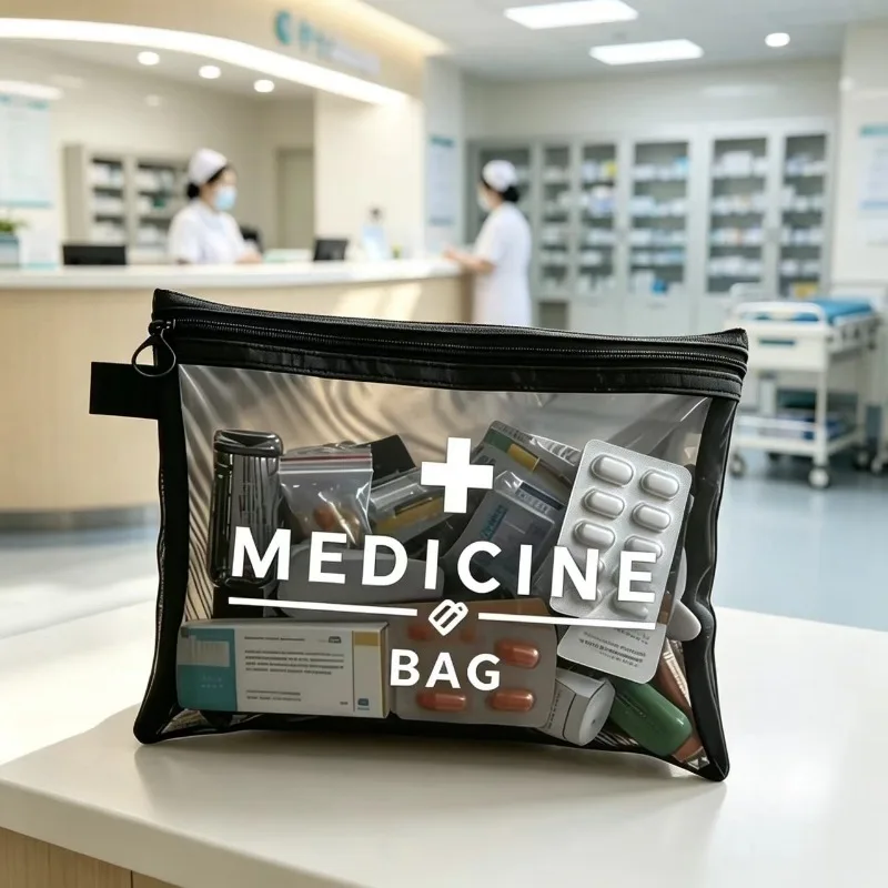Medical Cross Mesh Toiletry Bag, Semi-Transparent Black Mesh, Travel Portable Medicine Organizer Zipper Pouch, Empty Only