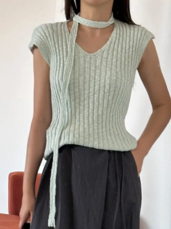 Suéter de malha f estilo simples verão novo emaecimento top pescoço pendu faixa padrão t moda casual wear