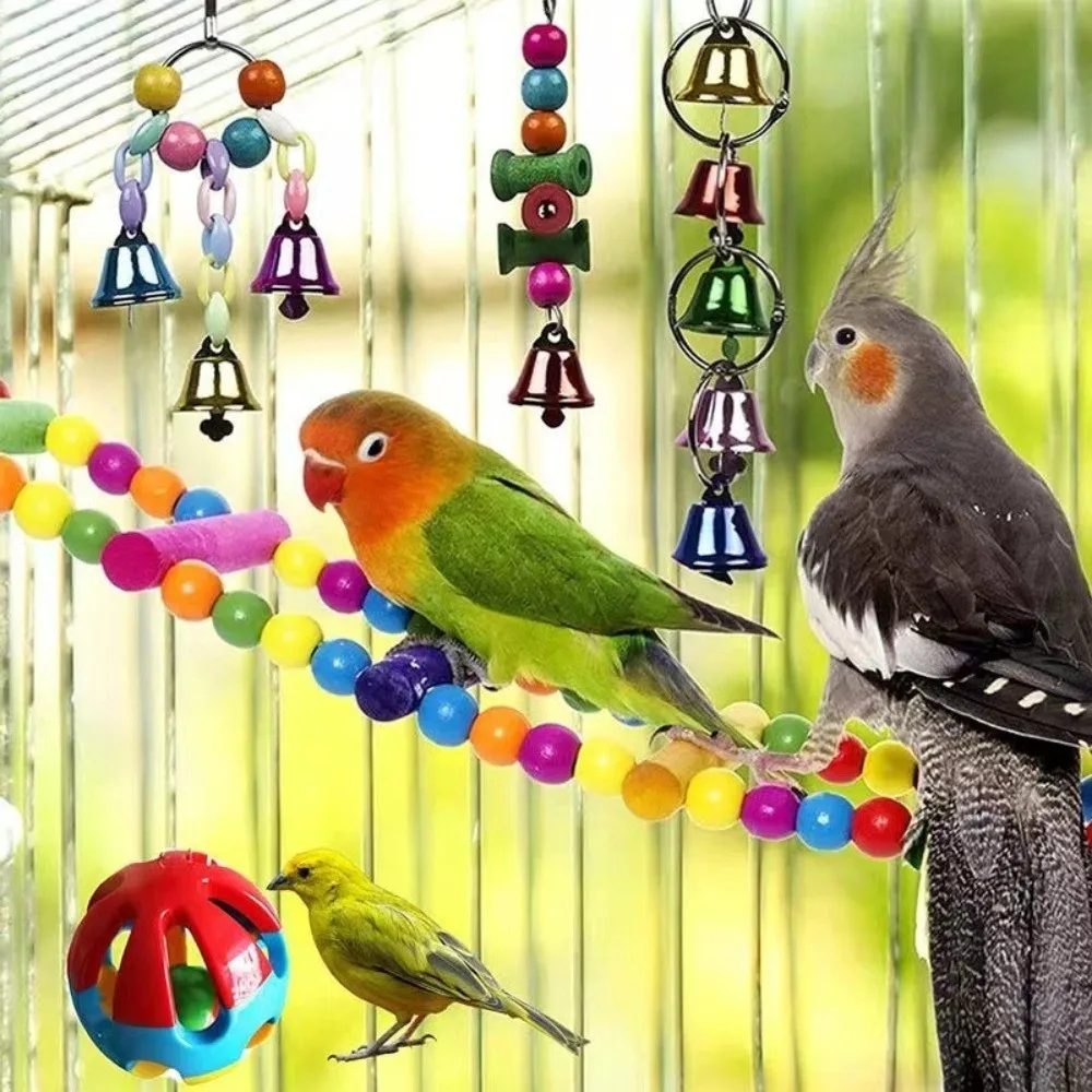 

A Set High Quality Colorful Cockatiel Toys Durable Interactive Bird Cage Accessories Wooden Bird Toy Set Pet Birds Cage