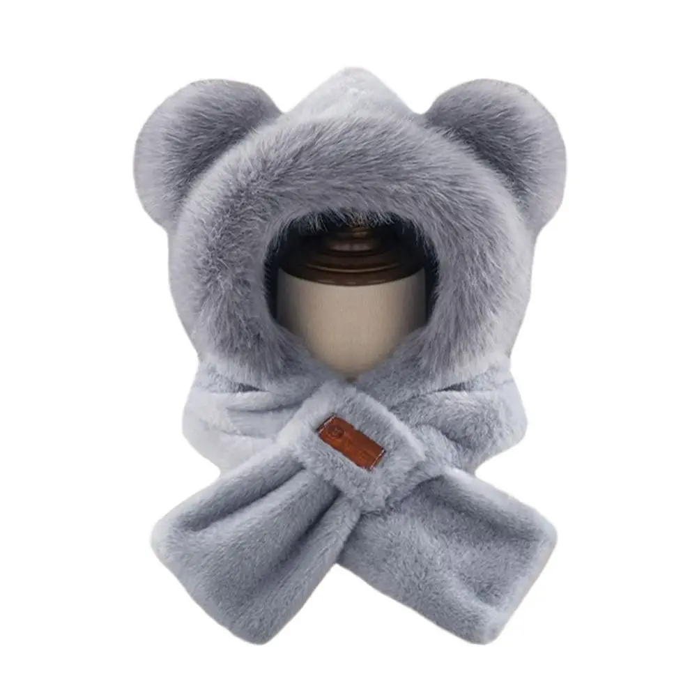 หมวกไหมพรมบุผ้าพลัฌนุ่มแบบหนาสำหรับฤดูหนาว พร้อมผ้าพันคอในตัว ป้องกันลมหนาว อุ่นสบาย เหมาะสำหรับผู้หญิง